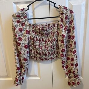 Elegant Floral Smocked Blouse - Red and White